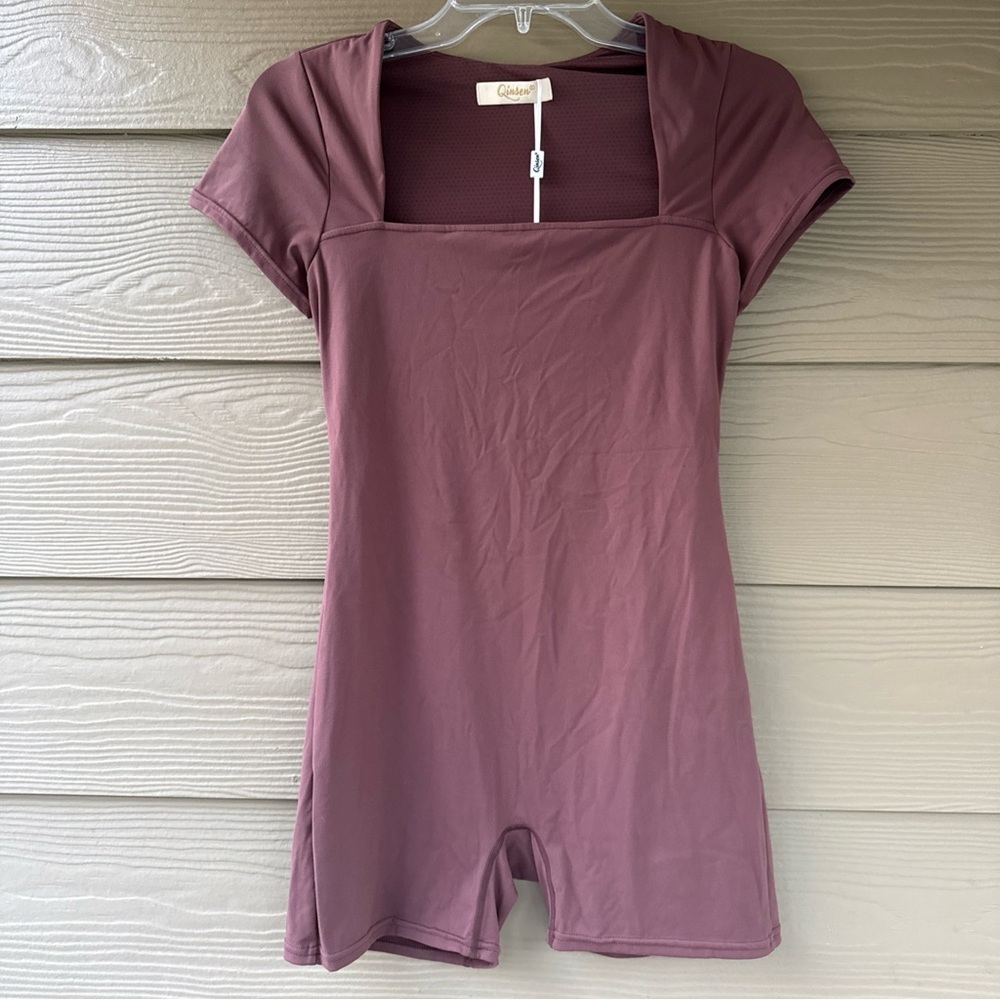 Qinsen Women's Brown Taupe Square Neck Bodysuit Romper Activewear Jumpsuit Sz L - Picture 3 of 9
